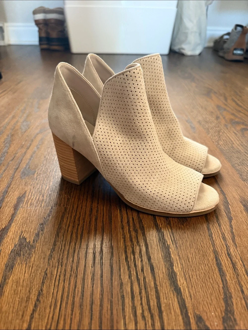 Cole Haan Beige Suede Perforated Peep-Toe Block Heel Booties